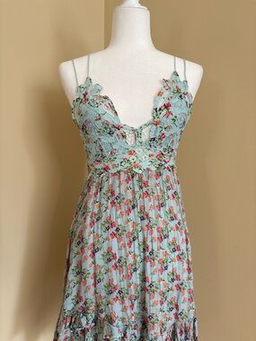 Free People Mint Floral Smocked Mini Dress